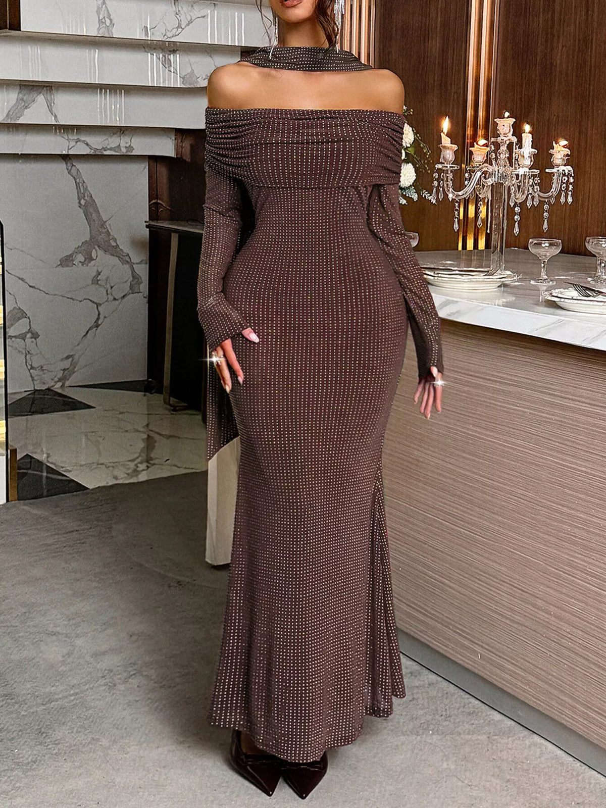 Off-Shoulder Scarf Bodycon Maxi Dress