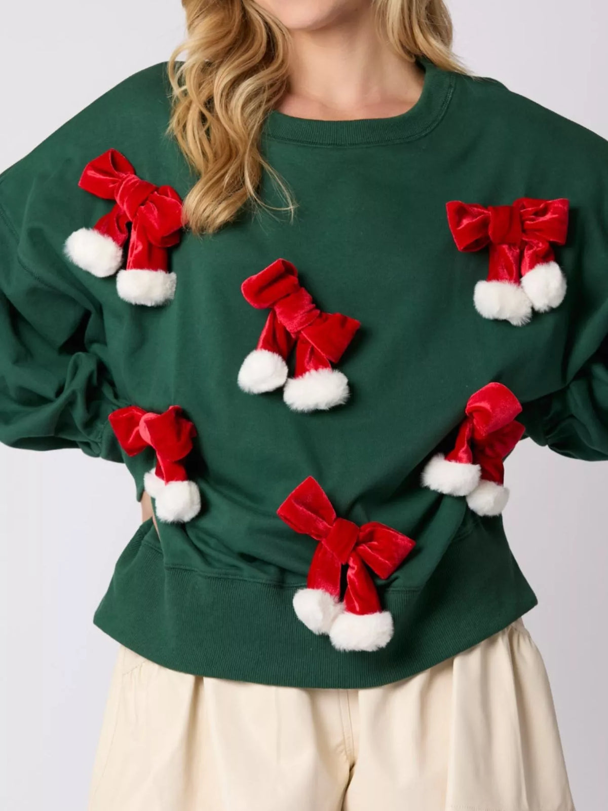 Christmas Long Sleeve Sweatshirt with Pom-Pom Bow Decoration