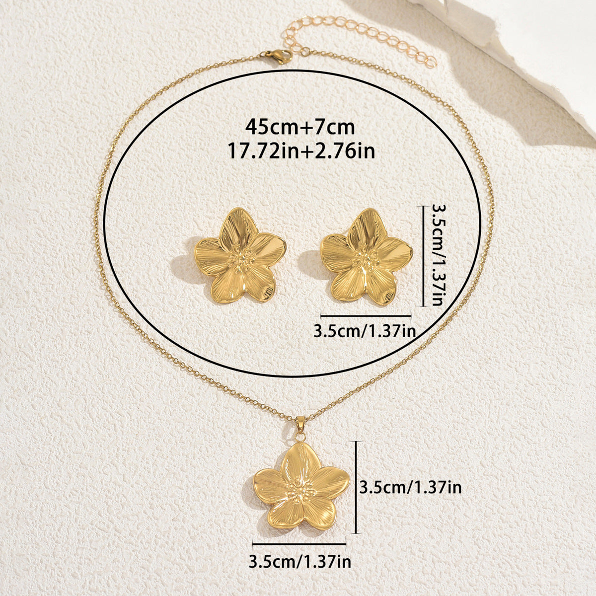 New Arrival Cross-border European American Women Jewelry Set, Geometric Electroplated Metal Floral Design Matching Flower Earrings &amp; Necklace, Versatile Daily Neck Ear Ornaments
