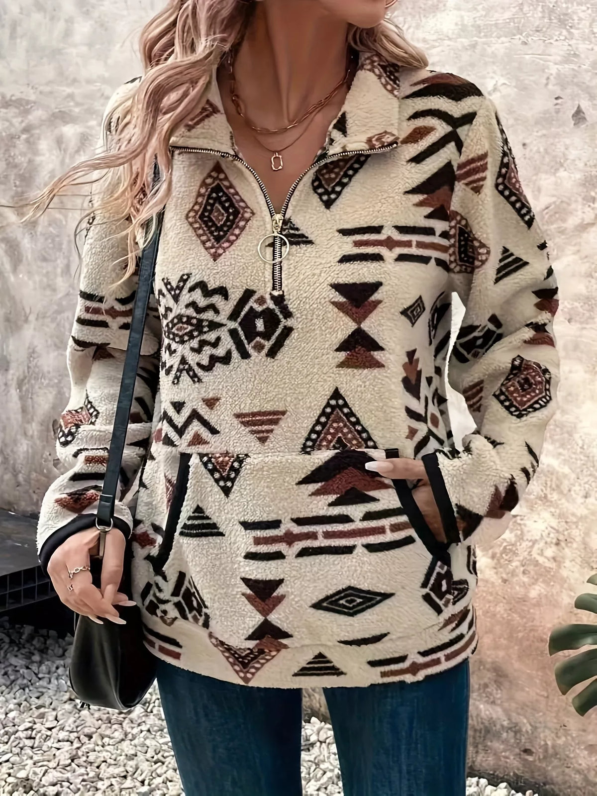Geometric Half Zip Long Sleeve Sweatshirt