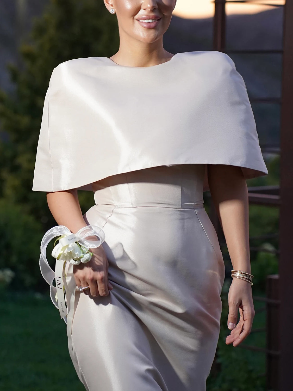 Satin Cape-style Top &amp;Fitted Maxi Dress Set