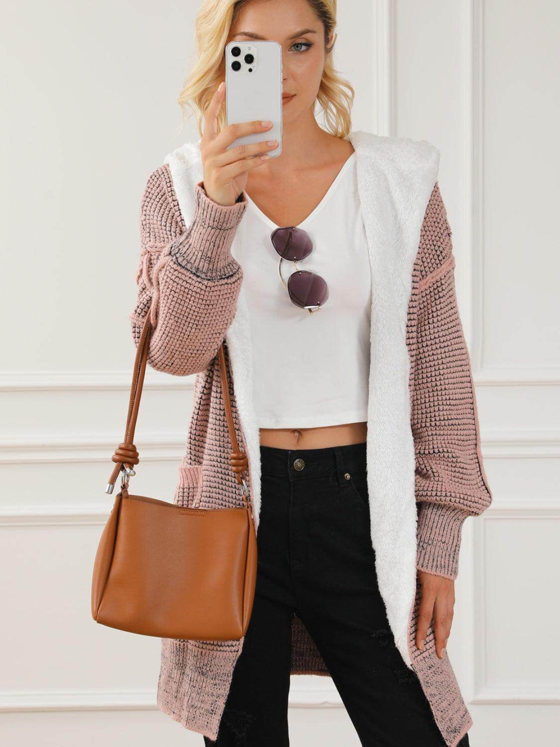 Open Front Hooded Winter Coat with Pockets for Women