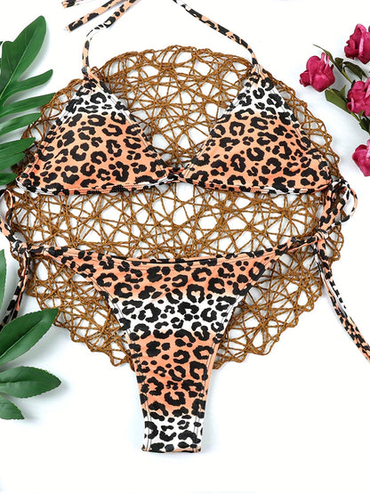 Bikini Leopard Print 2 Piece Swimsuit for Women – High Cut Lace-Up Backless Flattering Bikini Set with Halter Spaghetti Strap – Stretchy Sexy and Stylish Swimwear for Pool Beach and Summer Vacation
