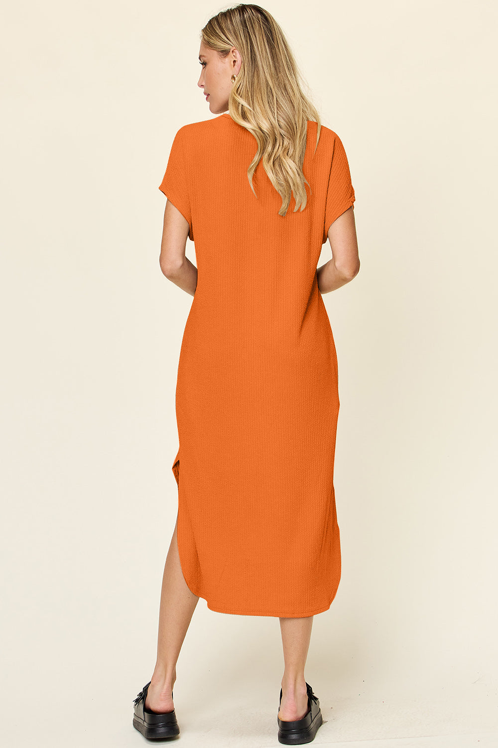 Double Take Full Size Round Neck Short Sleeve Slit Dress Stylish &amp; Comfortable Casual Dress