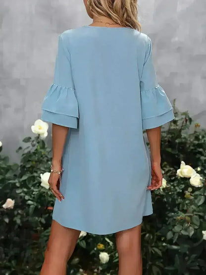 V-Neck Mini Dress – Ruffled Detail &amp; Decorative Buttons