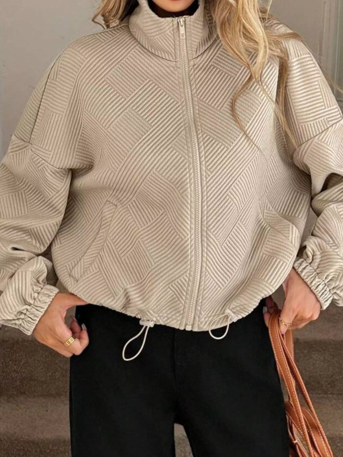 Textured Zip-Up Drawstring Hem Jacket