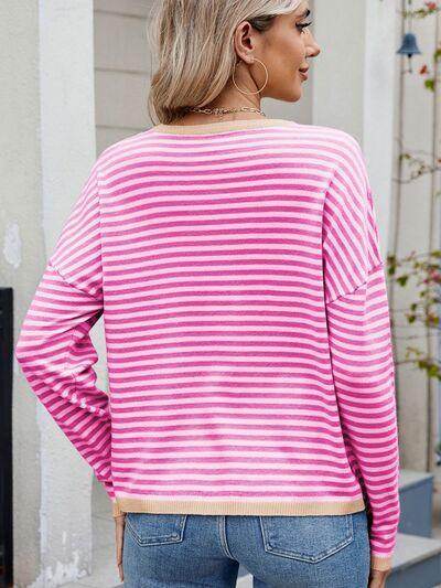 Striped Contrast Round Neck Long Sleeve Sweater for Women