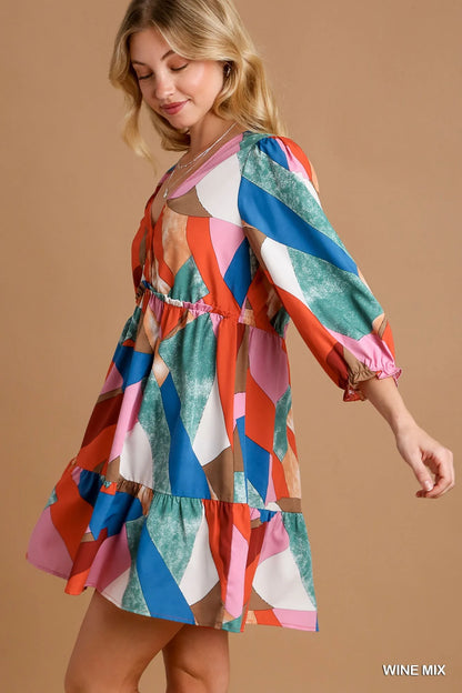 Umgee Abstract V-Neck Tiered Printed Dress