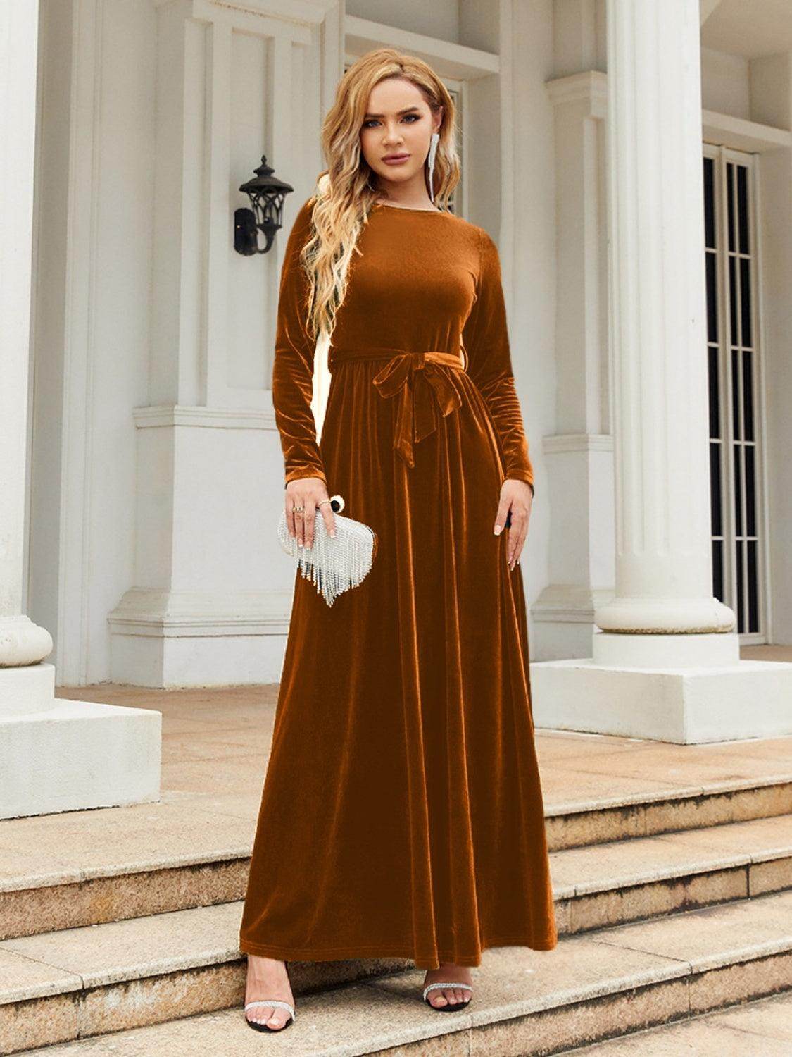 Tie Front Round Neck Long Sleeve Maxi Dress for Women