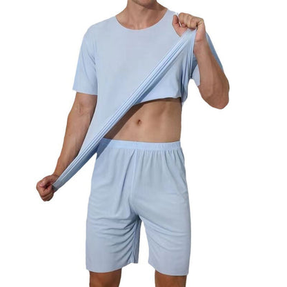 Advanced Ice Silk Round Neck Solid Color Short Sleeve Shorts Suit