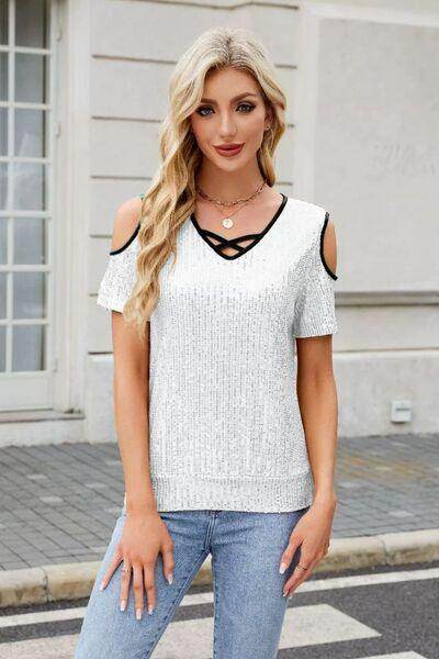 Sequin Crisscross V-Neck Cold Shoulder Blouse for Women
