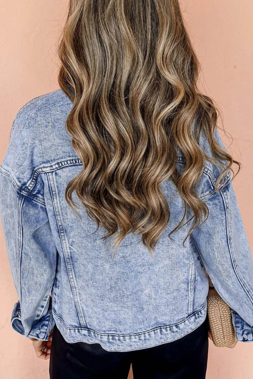 Pocketed Button Up Dropped Shoulder Denim Jacket for Women