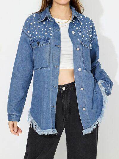 Raw Hem Pearl Trim Collared Neck Denim Top for Women
