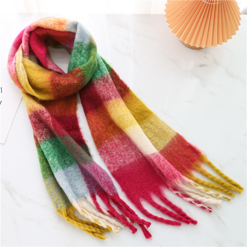 New Luxury Winter Soft Head Wraps Plaid Scarf Shawls Cashmere  Warm Cashmere Scarves Rainbow For Women
