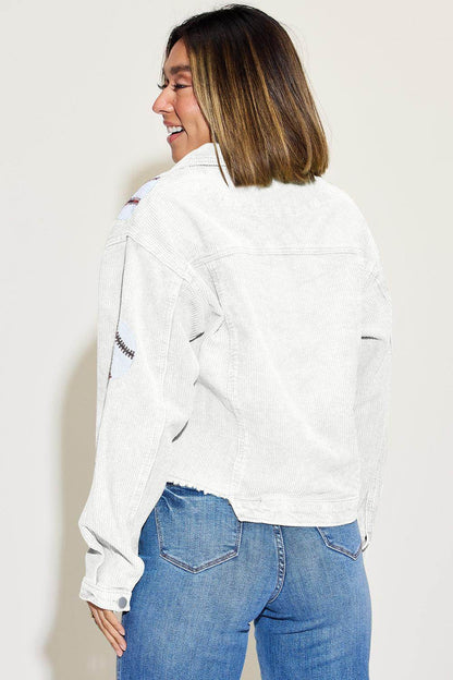 Baseball Sequin Dropped Shoulder Raw Hem Jacket for Women