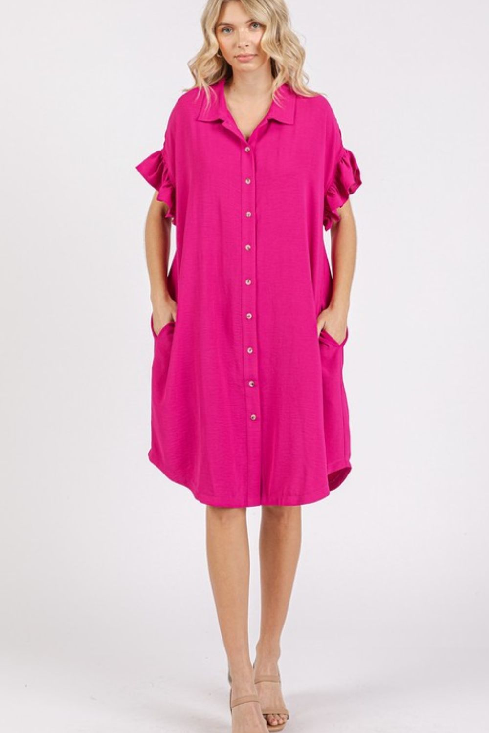 New Button Down Flounce Sleeve Dress with Pockets For Women – Trendy, Casual, Feminine, Practical &amp; Stylish Design For Any Occasion