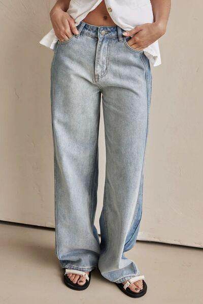 Contrast Straight Leg Jeans with Pockets for Women