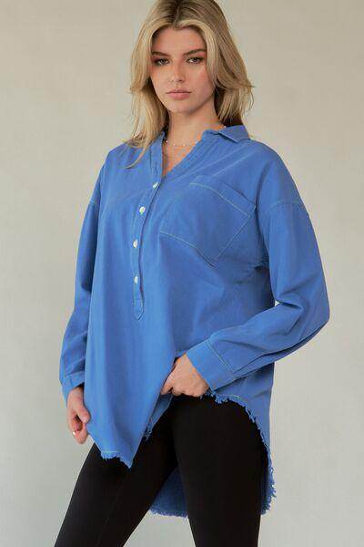 Davi &amp; Dani Letter Back Raw Hem Half Button Shirt Chic