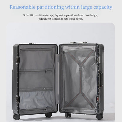 2026 New Large Capacity Front Opening Aluminum Frame Luggage With ABS PC Zipper Boarding Box 20-28 Inches