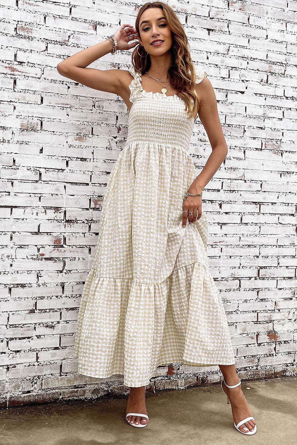 Plaid Ruffle Strap Square Neck Dress for Casual Style