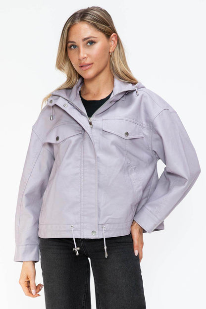 How Dare U Drawstring Hem PU Leather Zip Up Jacket Women
