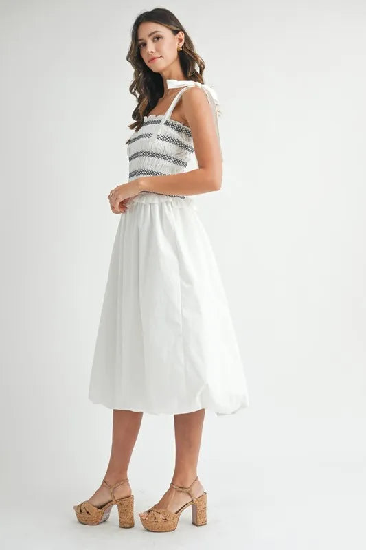 MABLE Smocked Bodice Bubble Midi Dress