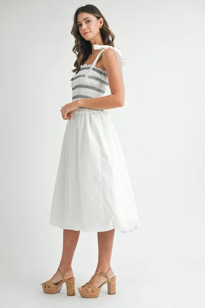 MABLE Smocked Bodice Bubble Midi Dress