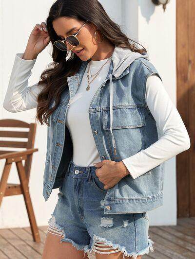 Drawstring Button Up Sleeveless Denim Jacket for Women
