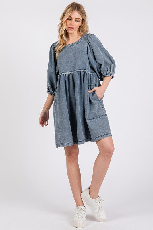 Washed Round Neck Puff Sleeve Denim Dress – Casual, Vintage-Inspired, Comfortable &amp; Chic, Effortlessly Stylish, Classic Denim Dress