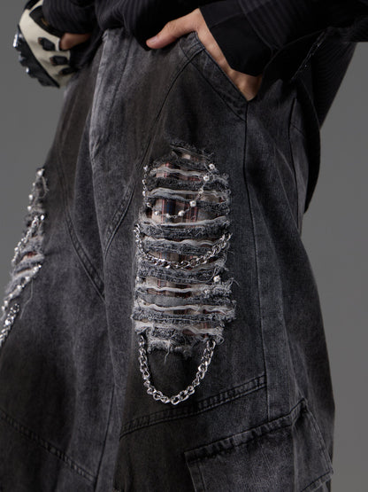 Retro Distressed Denim Jeans With Pearl And Metal Hardware Work Pants