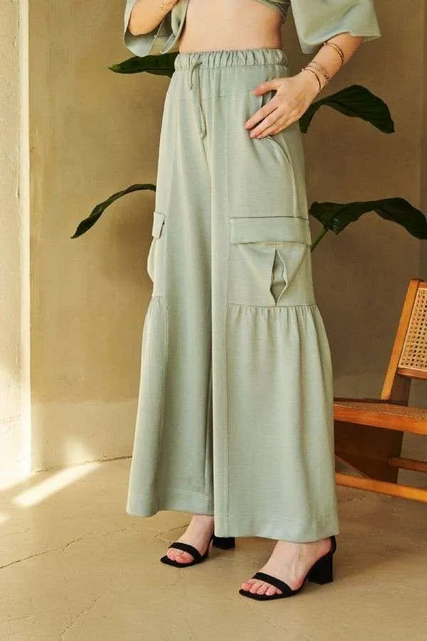 Davi &amp; Dani Drawstring Ruched Detail Wide Leg Pants
