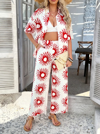 Devine Printed Collared Neck Half Sleeve Top and Pants Set