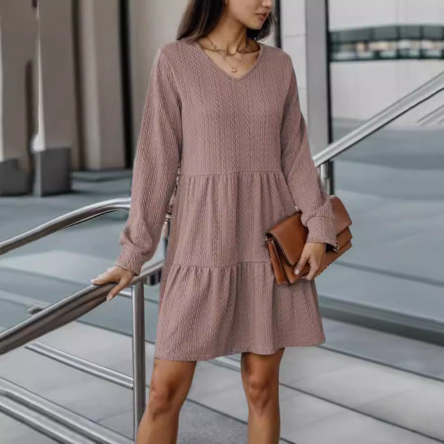 Autumn And Winter Fashion V Neck Solid Color Long Sleeve Dress