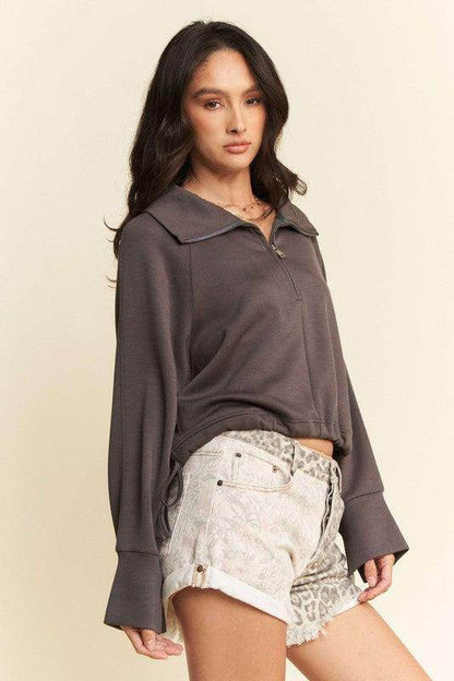 Davi &amp; Dani Drawstring Hem Half Zip Raglan Sleeve Sweatshirt