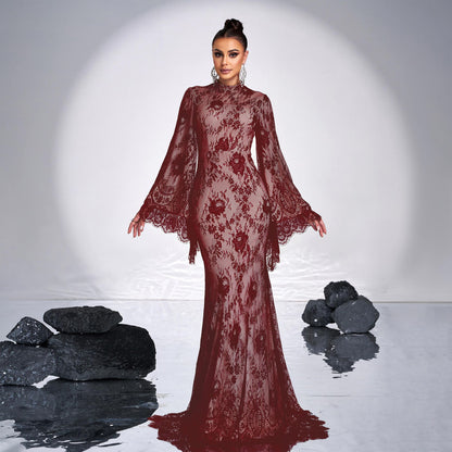 Long Sleeve Round Neck Sexy Lace Banquet Dress