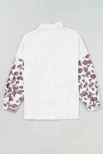 Raw Hem Animal Print Long Sleeve Denim Jacket for Women