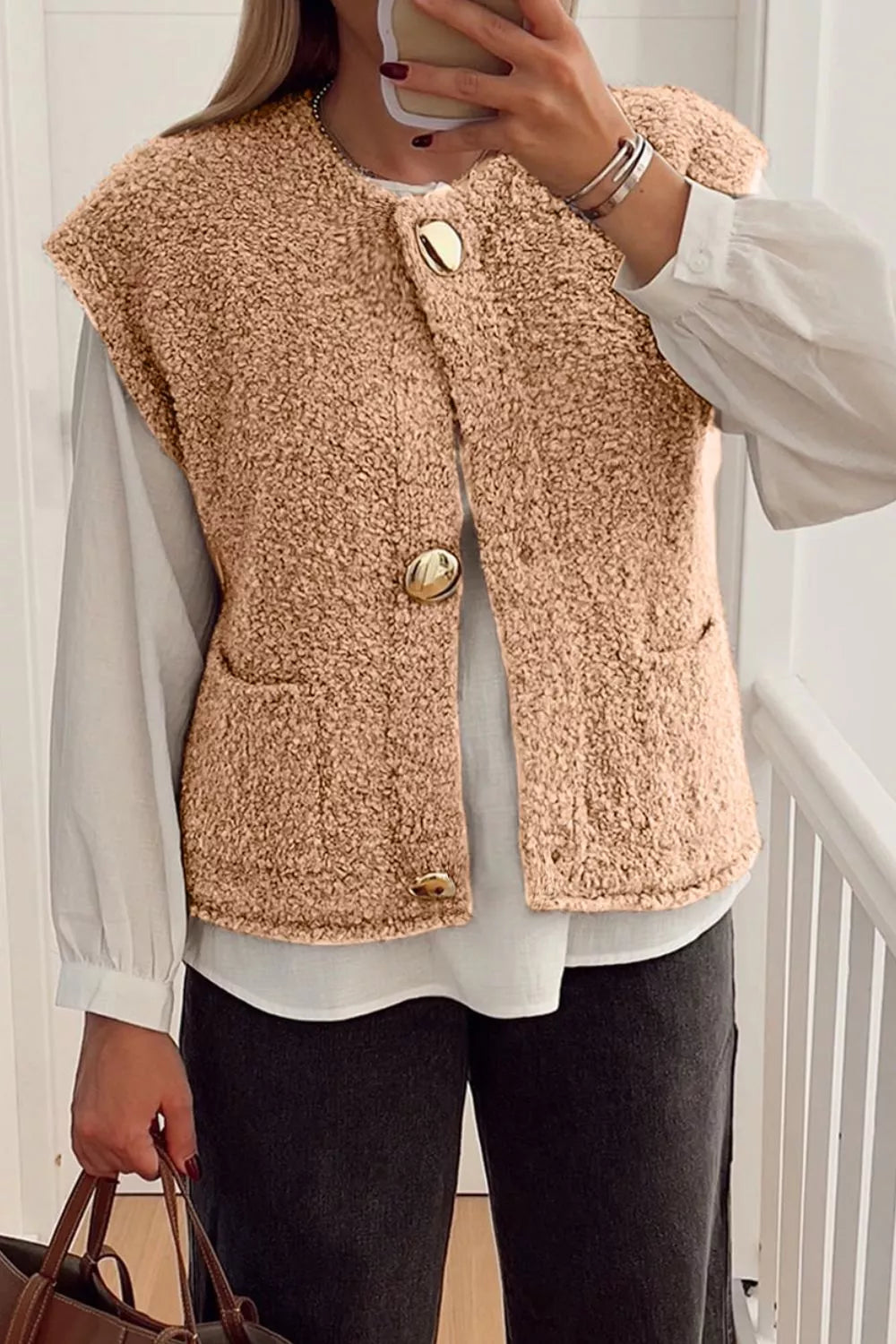Fleece Button-Down Vest Coat