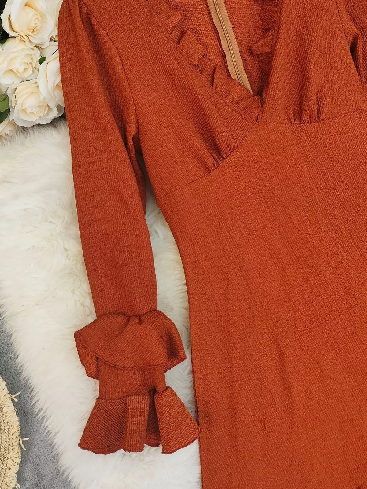 Ruffled High-Low Long Sleeve Dress