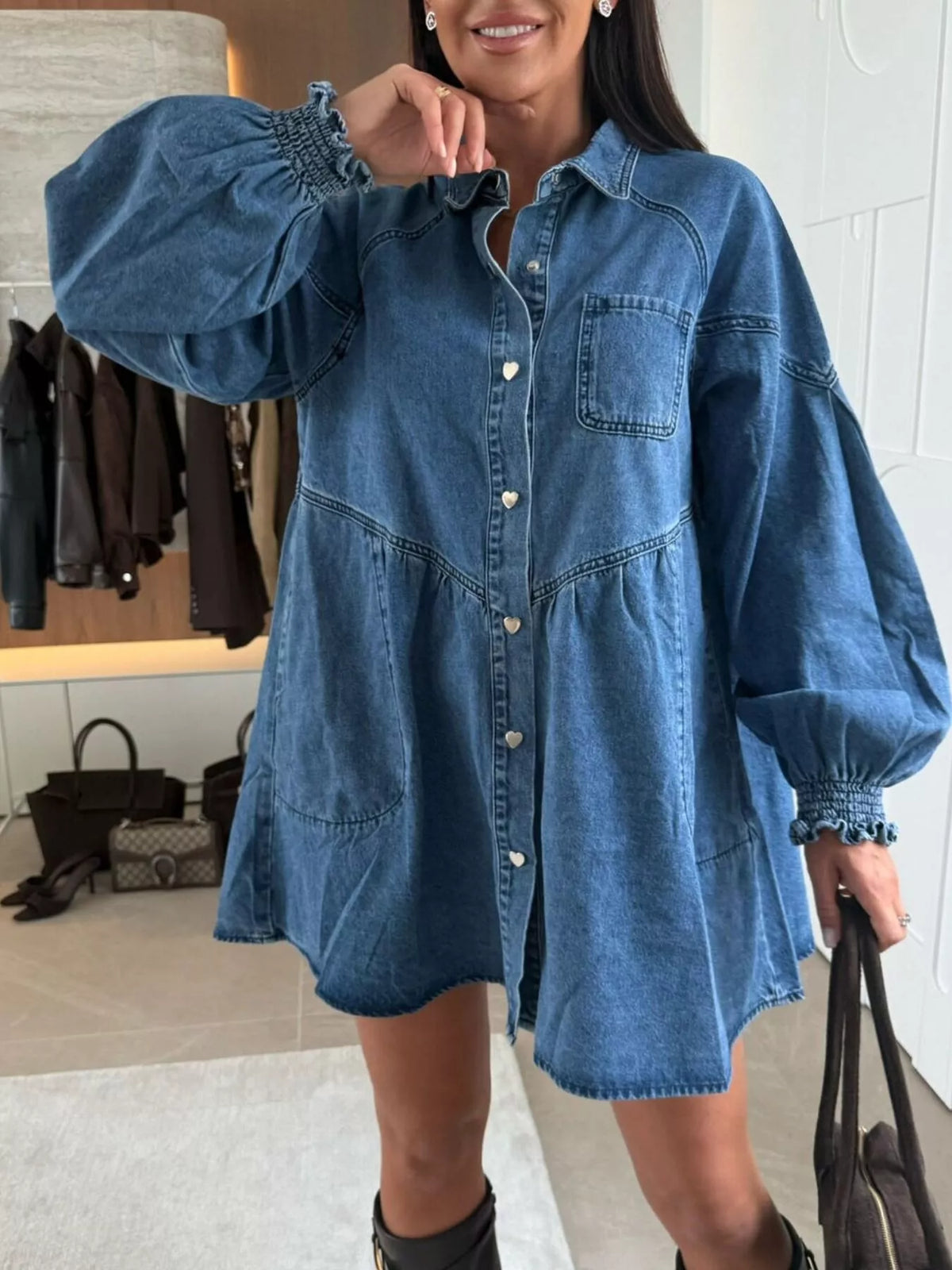 Button Down Mini Denim Dress with Front Pockets