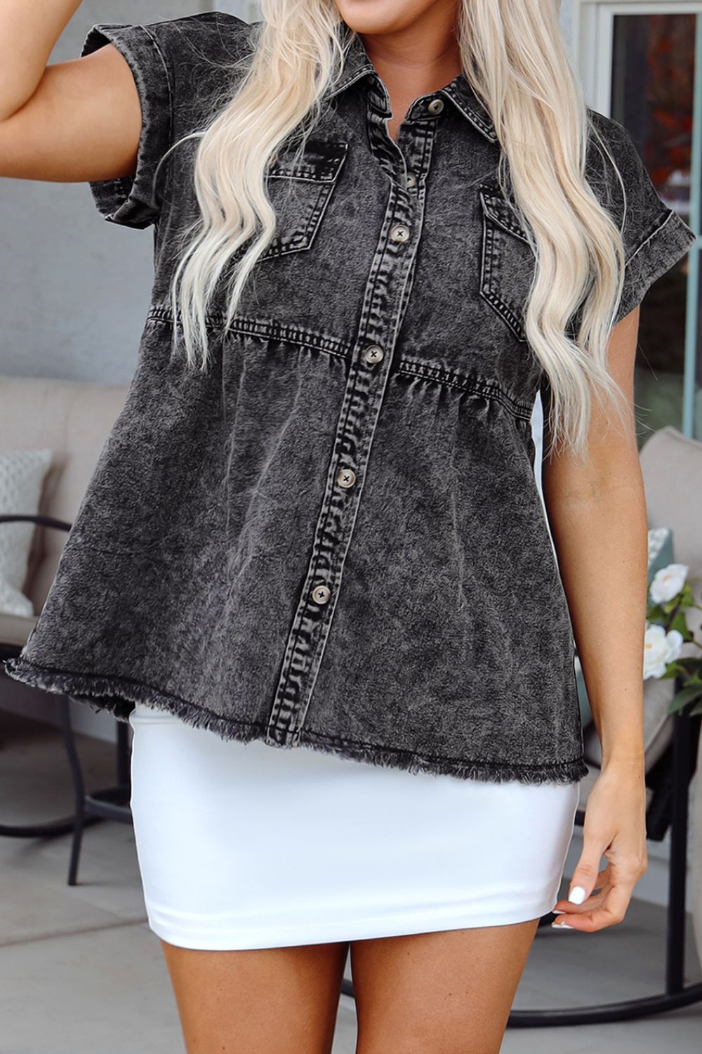 Short Sleeve Flap Pocket Button Up Raw Hem Denim Shirt