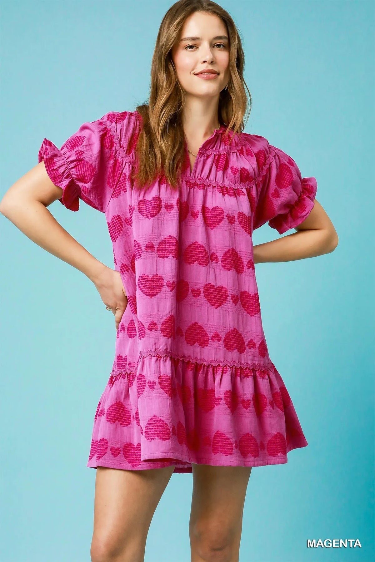 Umgee Heart Pattern Short Sleeve Ruffle Babydoll Dress
