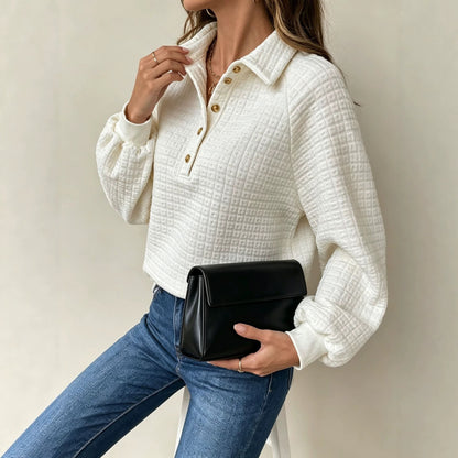 Turn-down Collar Textured Top Women&