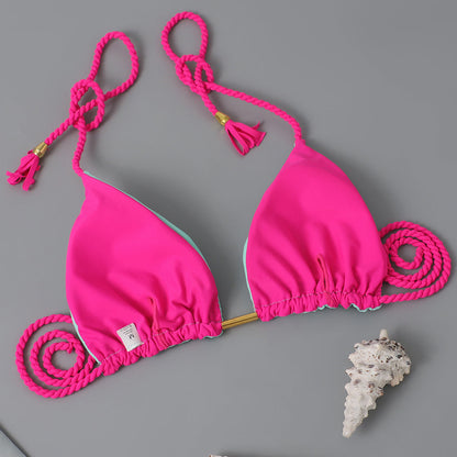 New Festival Flame Halter Bikini Set for Women – Triangle V-Neck Backless Two-Piece Swimsuit with Tie Side Bottoms &amp; Adjustable Lace-Up Fit – Sleek Polyamide Swimwear for Koningsdag/King’s Day &amp; Summer Beach Celebrations