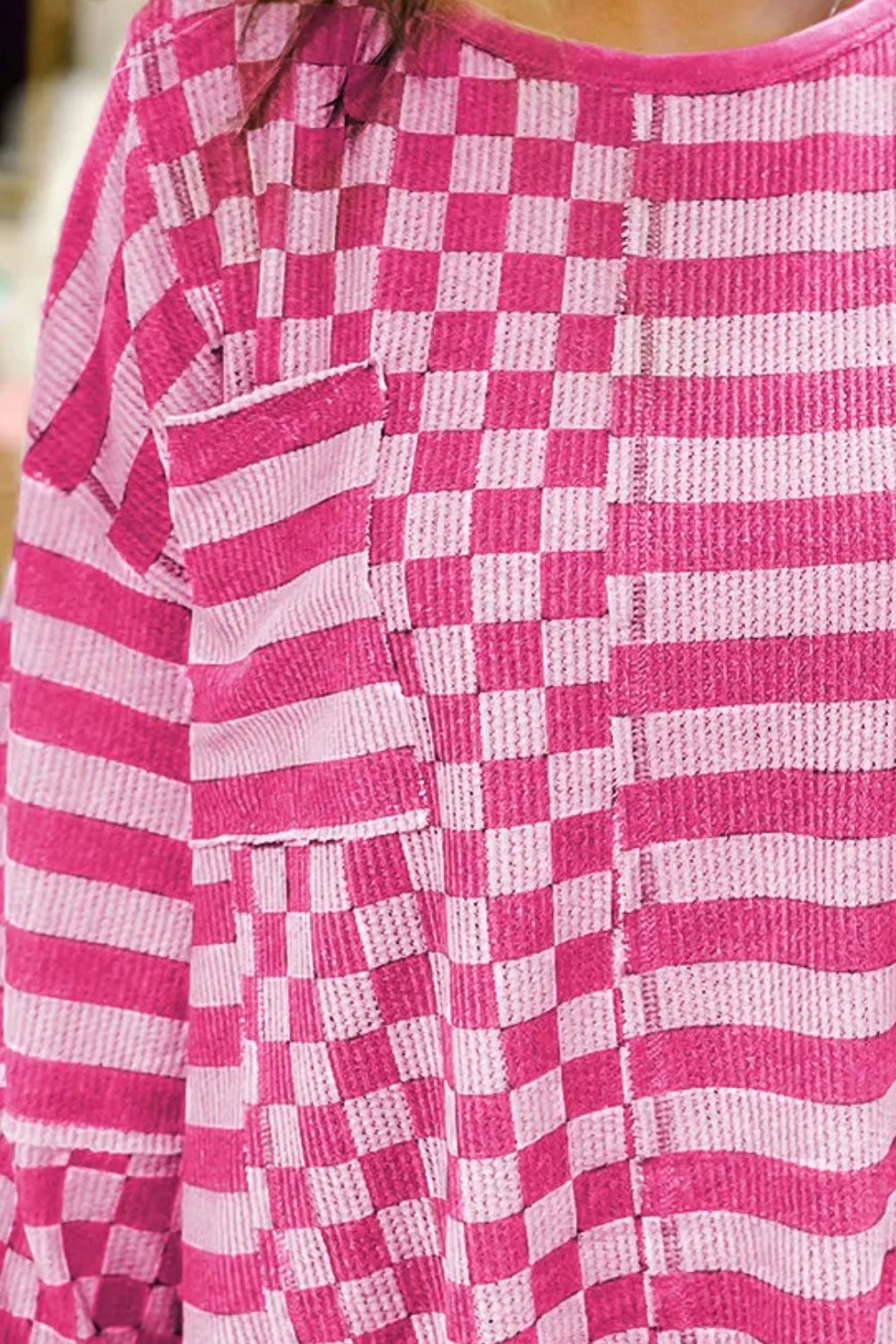 Checker &amp; Stripes Round Neck Long Sleeve Blouse