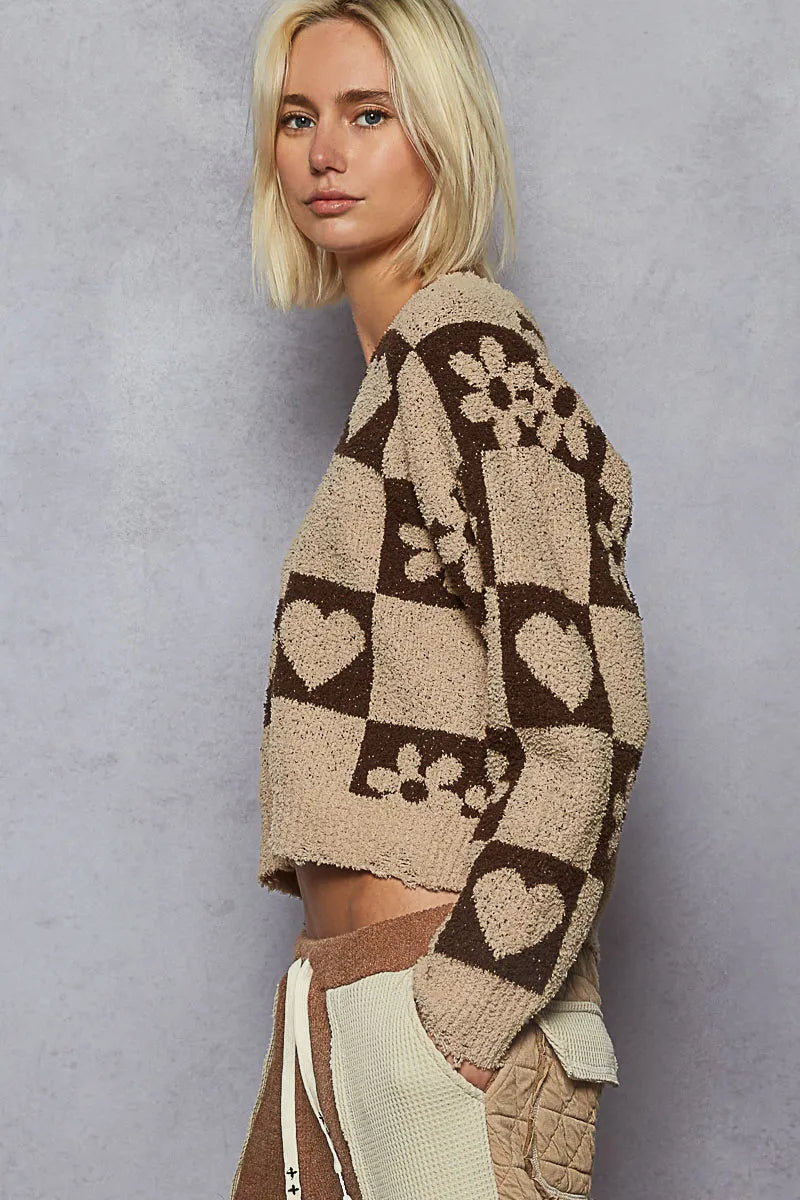 POL V-Neck Heart Pattern Checkered Sweater
