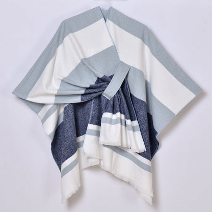 Womens Striped Tassel Cross-Strap Warm Cape Shawl