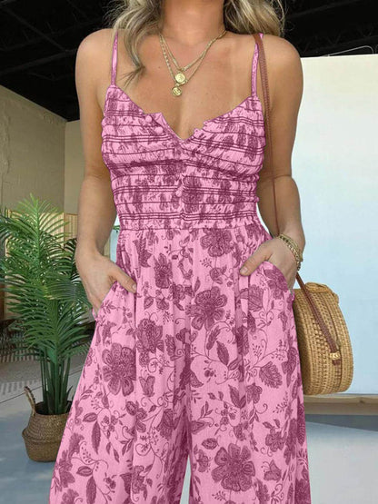Full Size Printed Spaghetti Strap Wide Leg Jumpsuit for Women