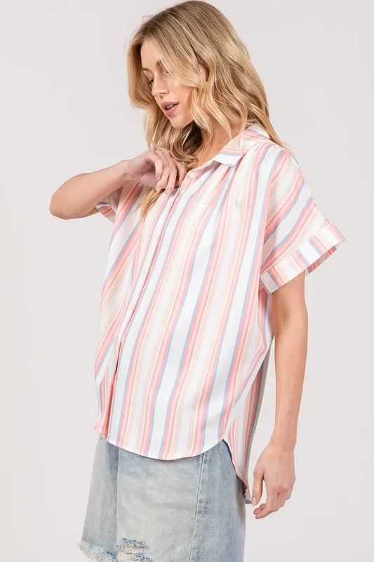 SAGE+FIG Full Size Multi Stripe Button Down Short Sleeve Shirt Plus Size