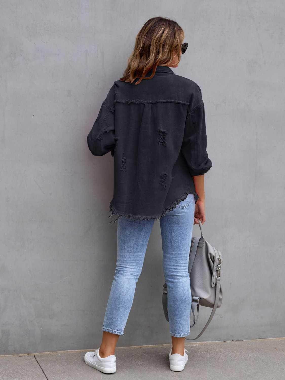 Distressed Drop Shoulder Denim Jacket for Casual Style