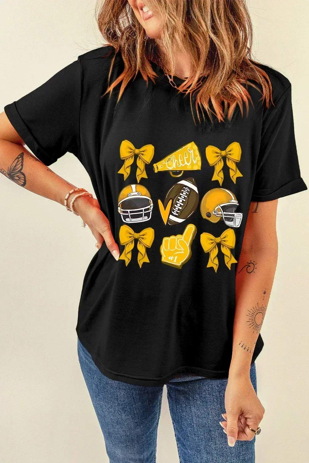 Game Day Rugby Tee: White Cheer Helmet &amp; Bow Graphic T-Shirt